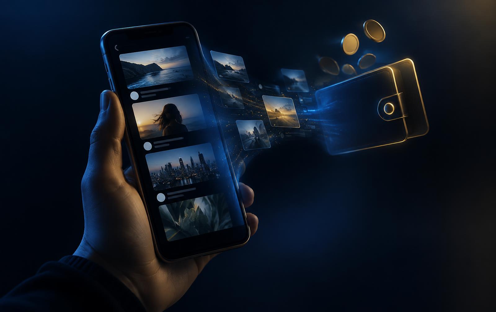Hand holding a phone where a social feed dissolves into a glowing wallet with gold coins
